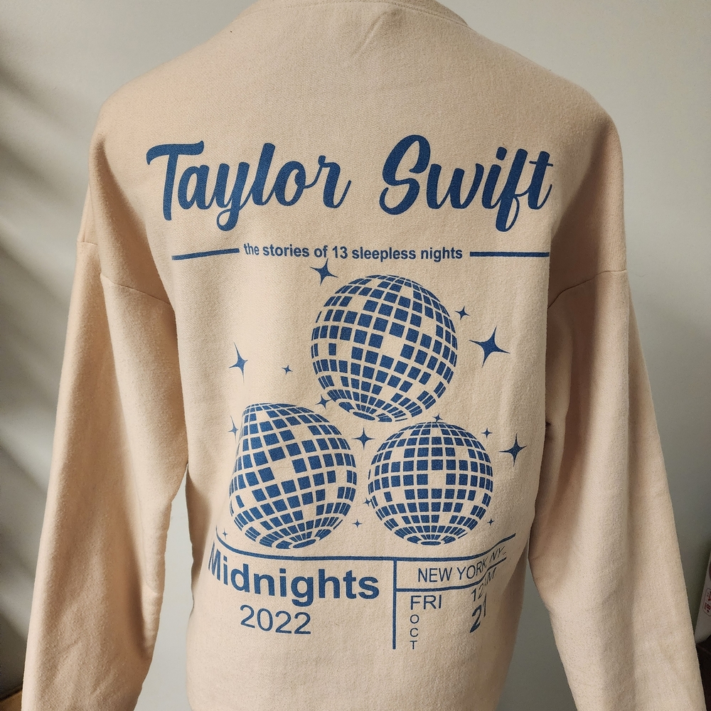 TSwift Beige Sweatshirt with Blue Disco Ball Design